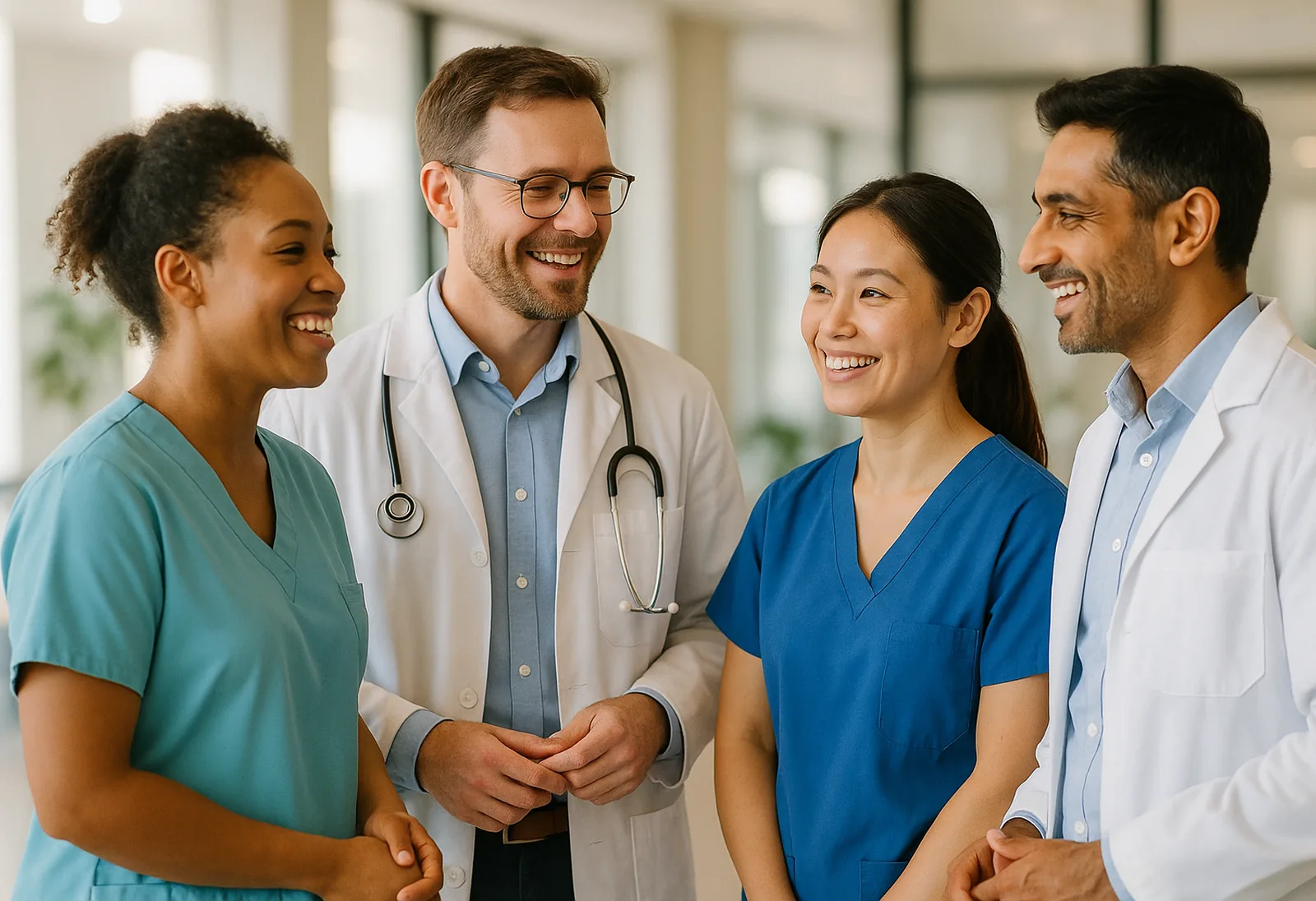 Multidisciplinary medical team moving through a hospital corridor