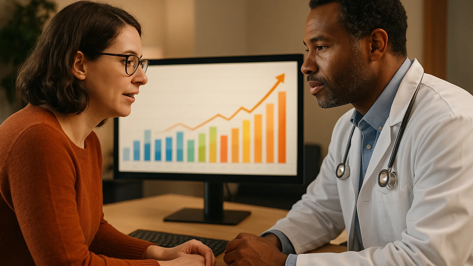 Billing specialist and physician reviewing a rising collections dashboard together